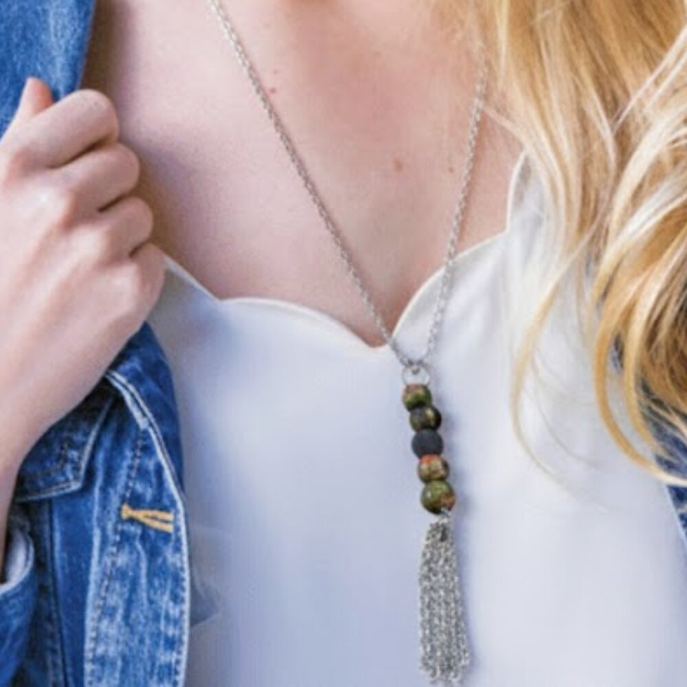 ANJU Banjara Unakite Tassel Necklace • Antiqued Silver, 30″